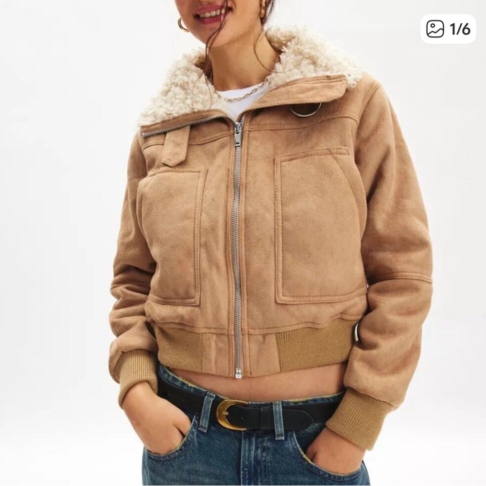 Urban Outfitters BDG August Faux Suede Bomber Jacket Shearling Collar NWT Size S